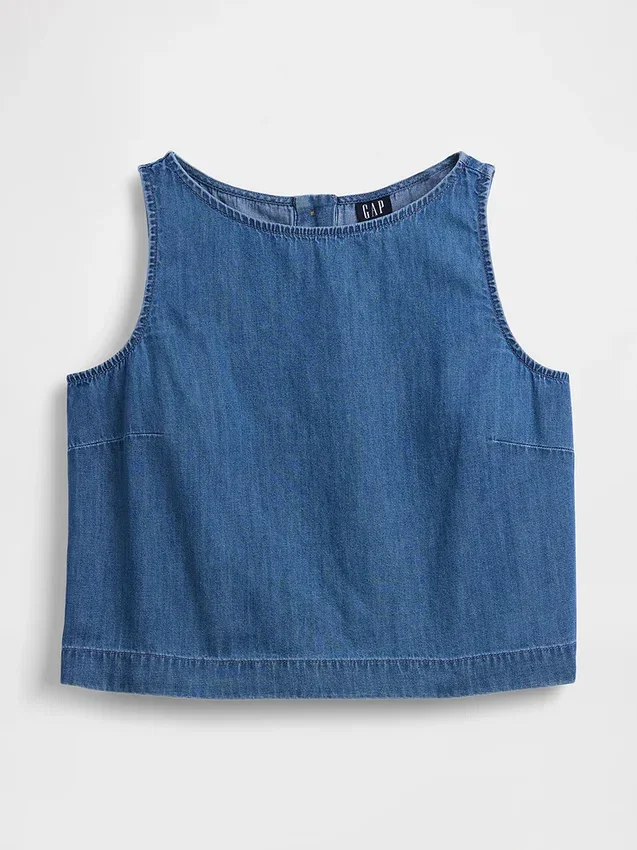 Kort denim-linne-toppar