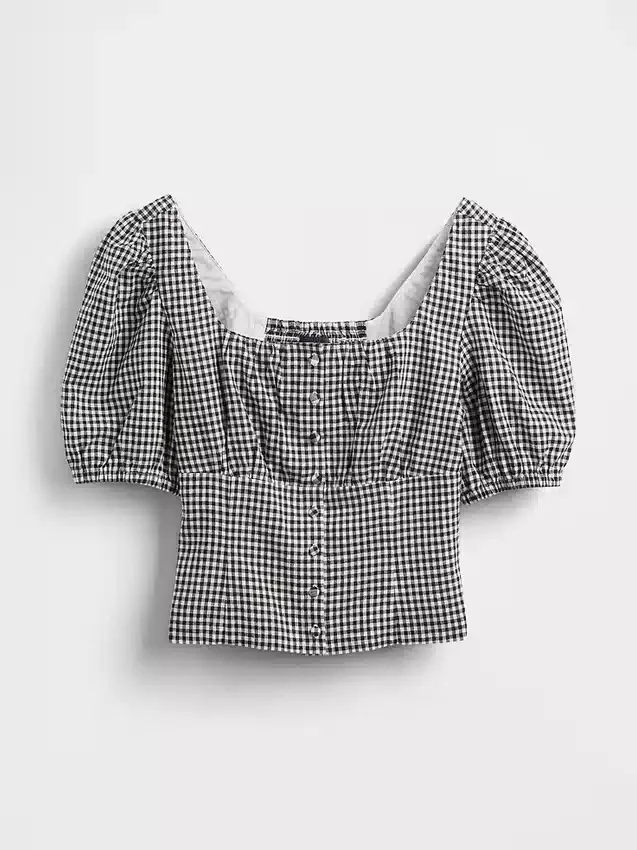 Kort korsetttop i linneblandning med puffärmar