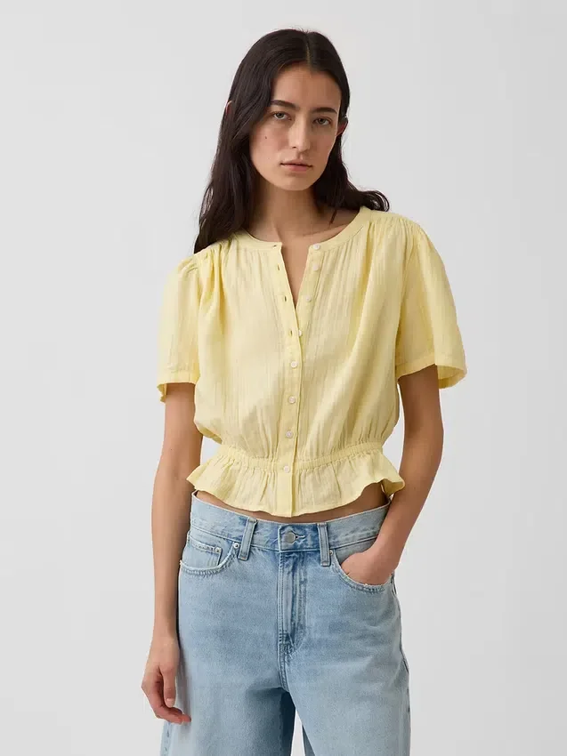 Kort peplum-top i bomullsgasväv