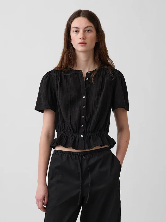 Kort peplum-top i bomullsgasväv