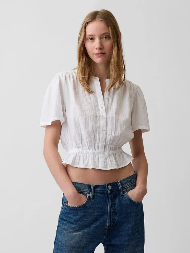 Kort peplum-top i bomullsgasväv