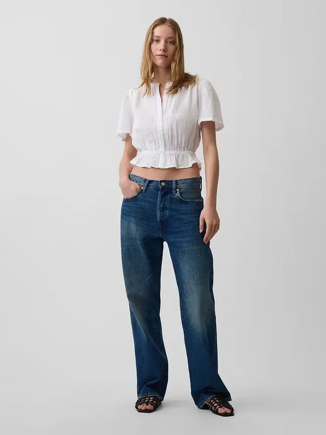 Kort peplum-top i bomullsgasväv