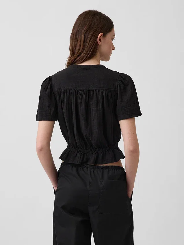 Kort peplum-top i bomullsgasväv