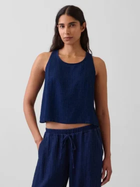 Kort topp i bomullsgasväv av denim