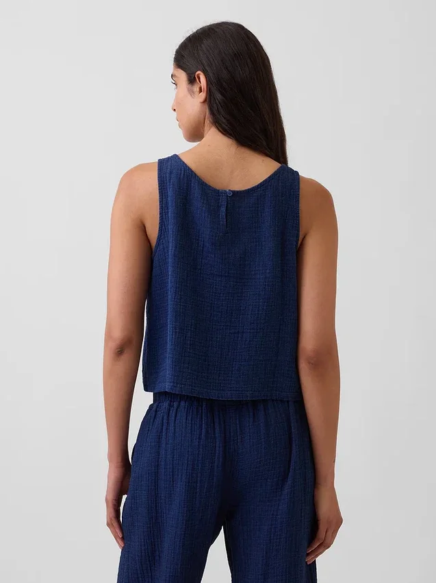 Kort topp i bomullsgasväv av denim