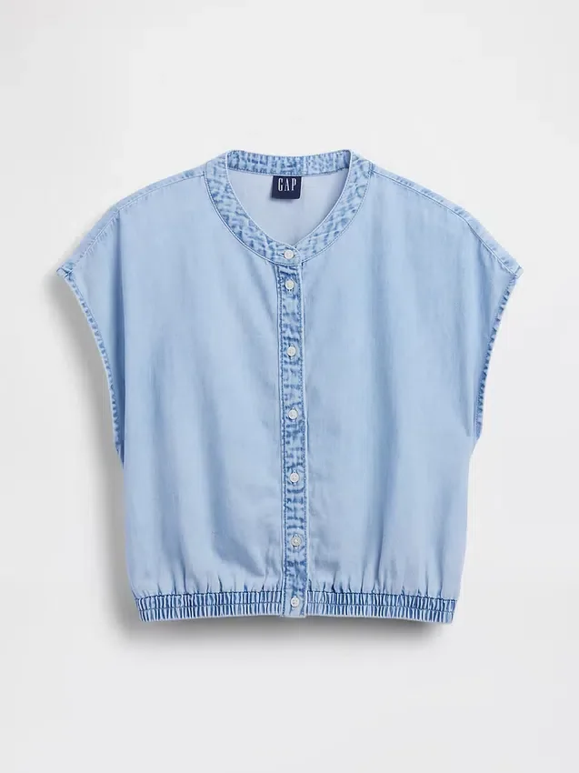 Kort topp i denim med korta ärmar och knappar framtill