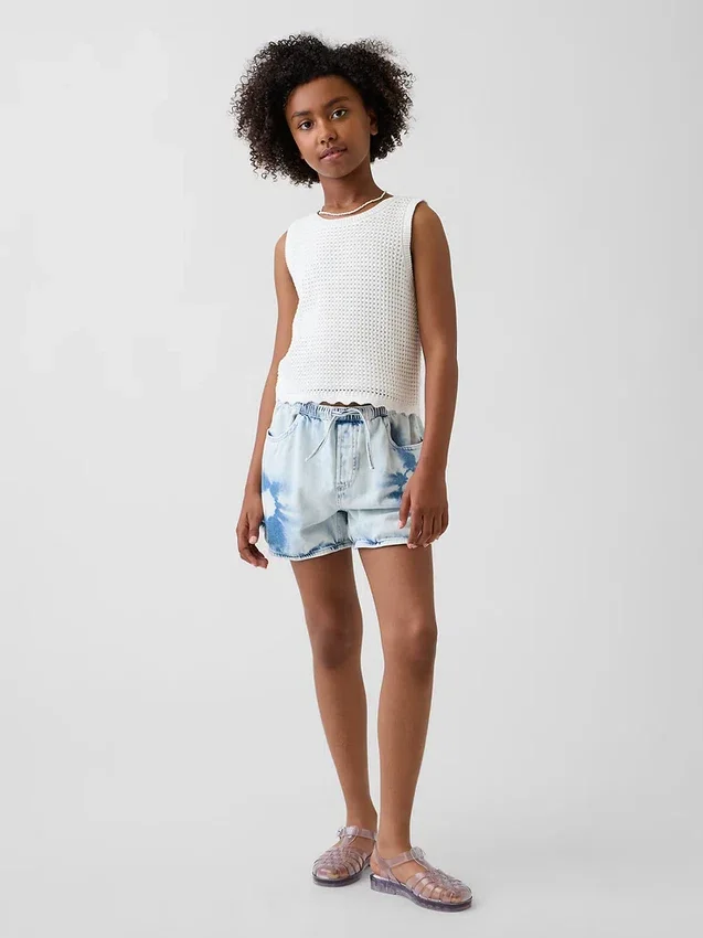 Kortshorts i tie-dye-denim med hög midja för barn