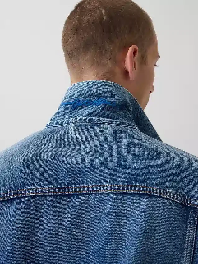 Köp blå avslappnad ikonisk jeansjacka