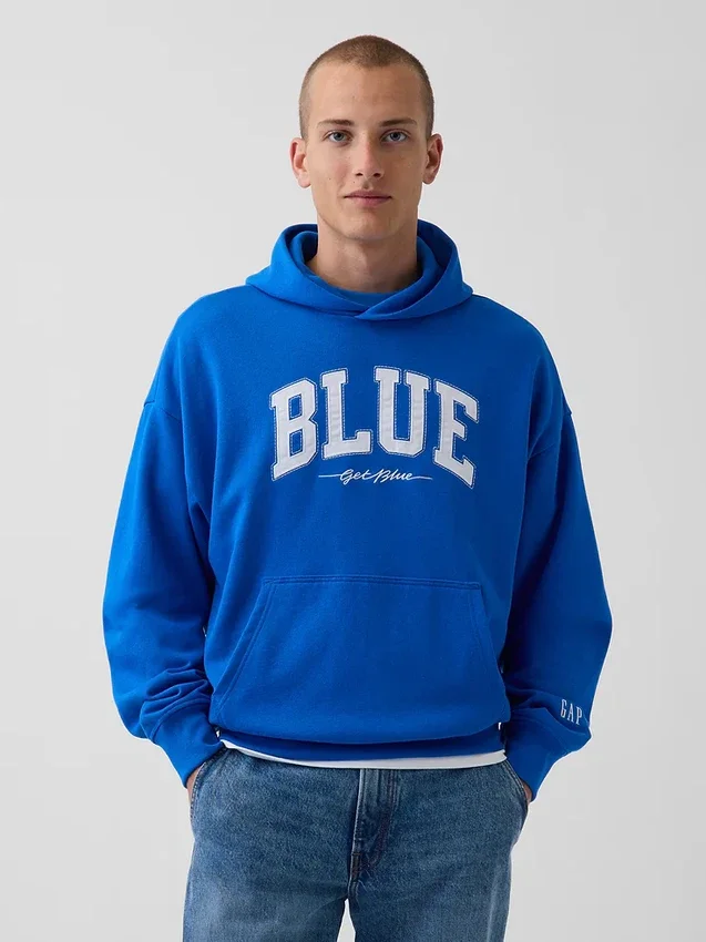 Köp blå, tjock hoodie i fransk frotté med logotyp