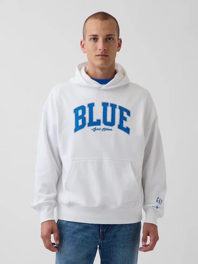 Köp blå, tjock hoodie i fransk frotté med logotyp