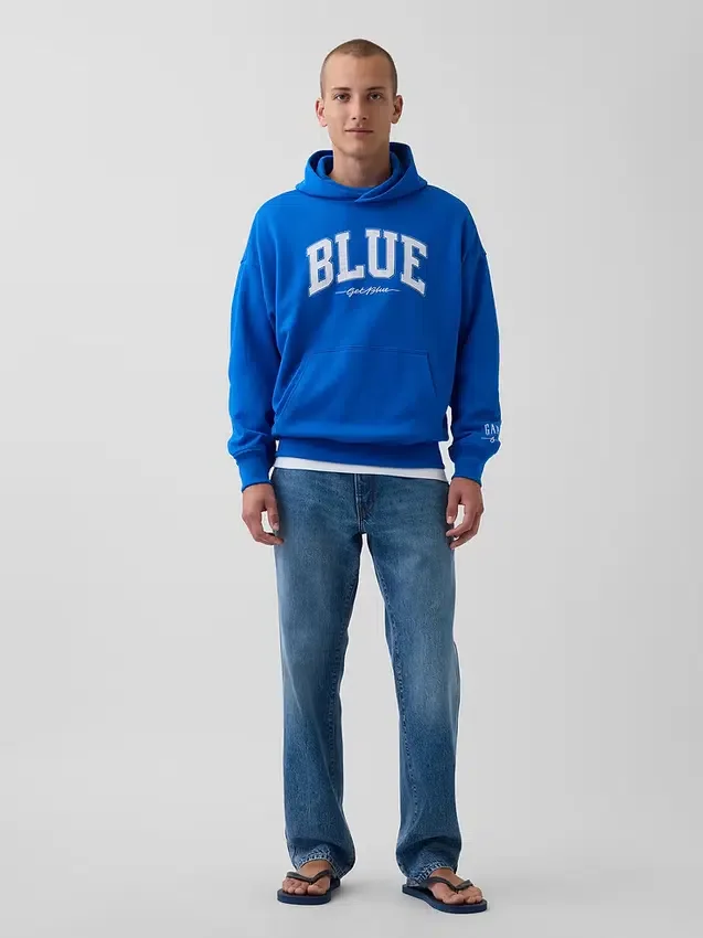 Köp blå, tjock hoodie i fransk frotté med logotyp