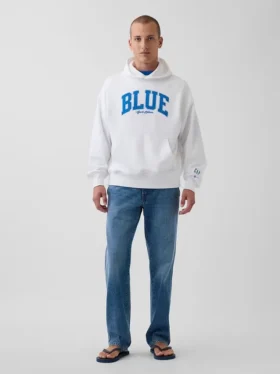 Köp blå, tjock hoodie i fransk frotté med logotyp