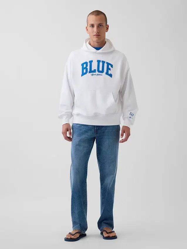 Köp blå, tjock hoodie i fransk frotté med logotyp