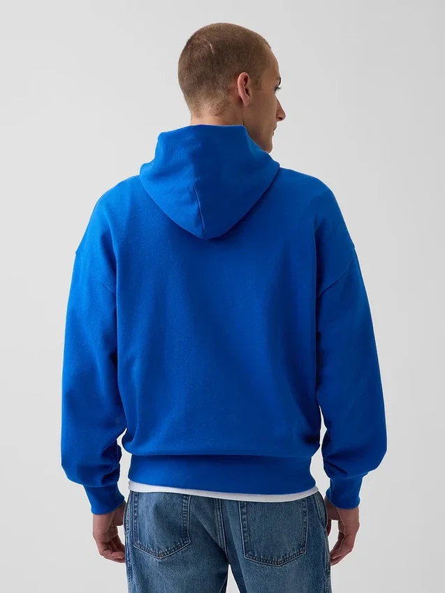 Köp blå, tjock hoodie i fransk frotté med logotyp