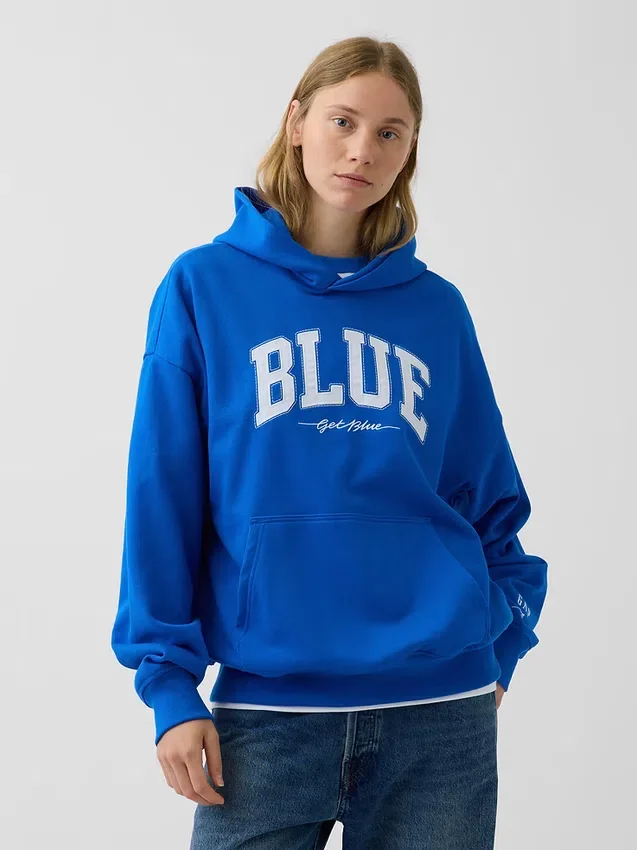 Köp blå, tjock hoodie i fransk frotté med logotyp