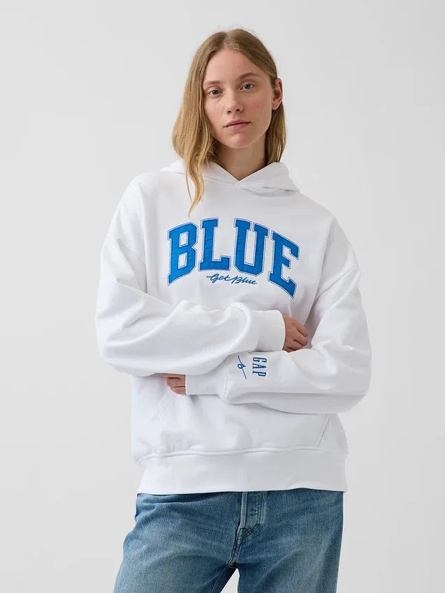 Köp blå, tjock hoodie i fransk frotté med logotyp