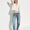 Låg midja, 90-talsinspirerade, lösa jeans med delad fåll