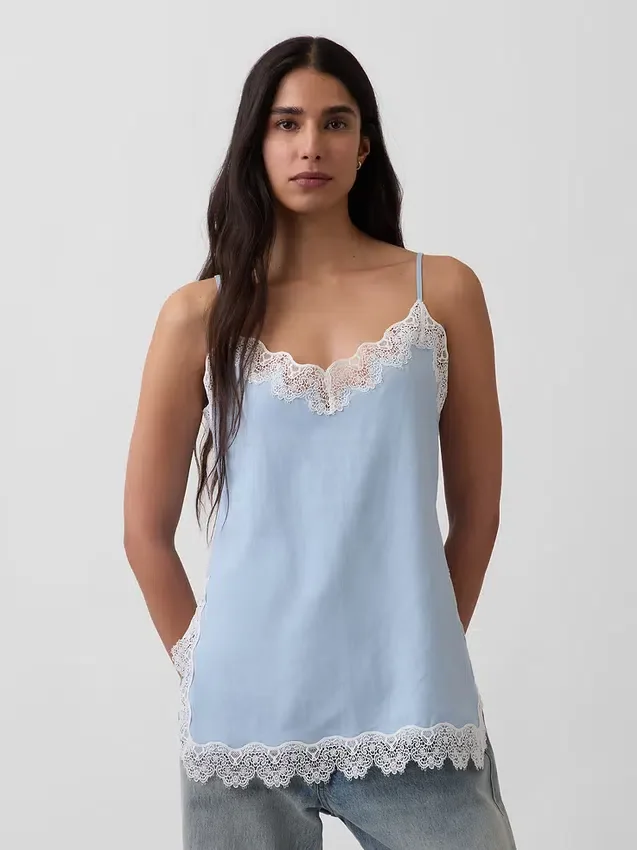 Linneblandad camisole med spetskant