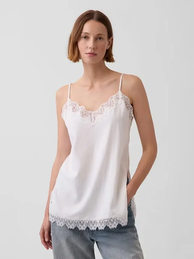 Linneblandad camisole med spetskant