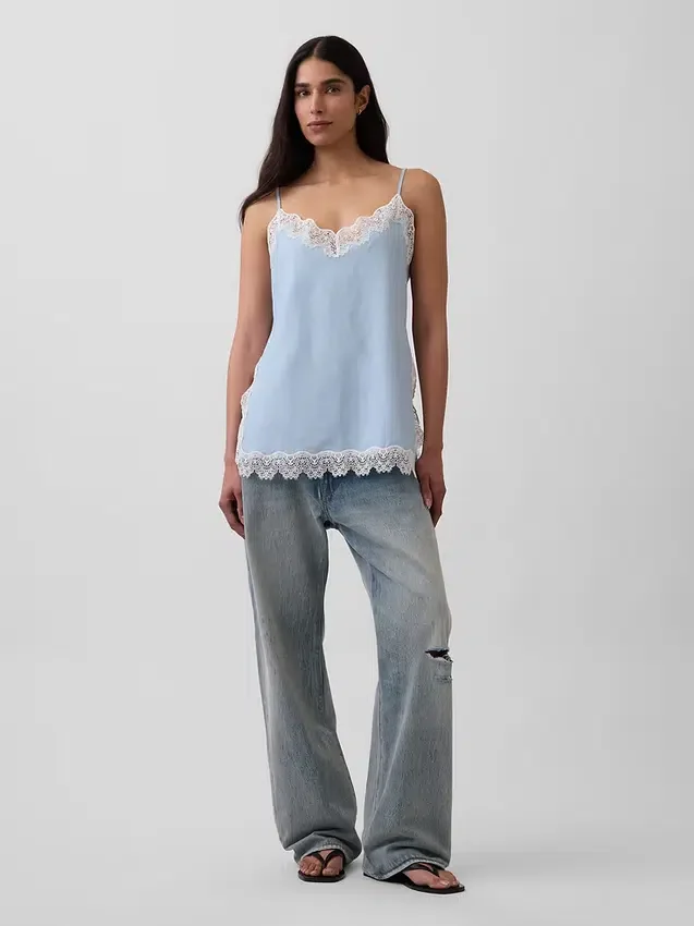 Linneblandad camisole med spetskant