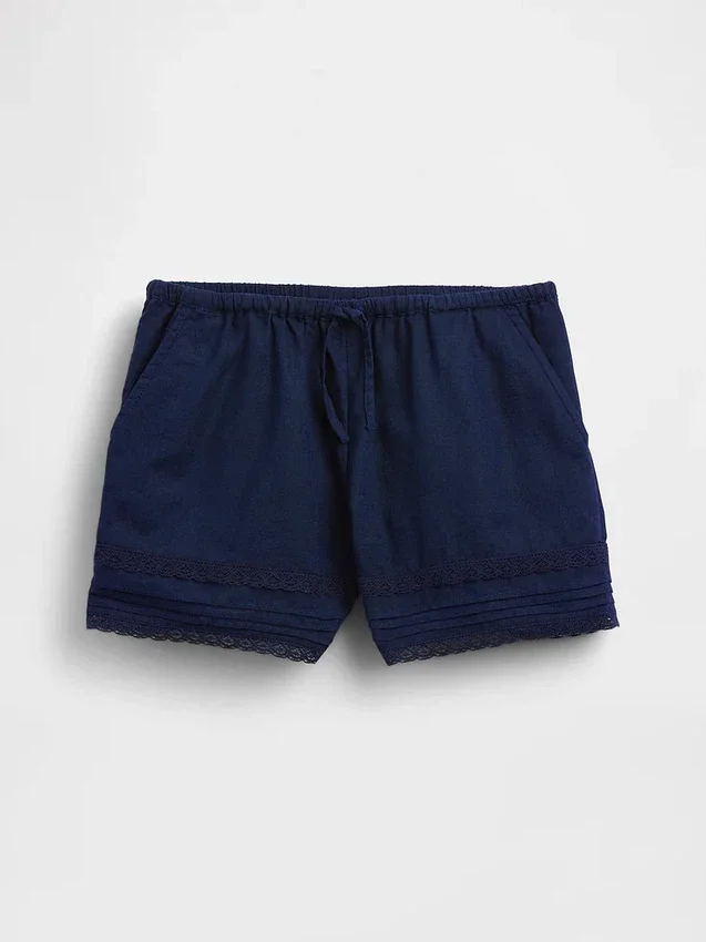 Lätta shorts i linne-bomull med spetskant för barn