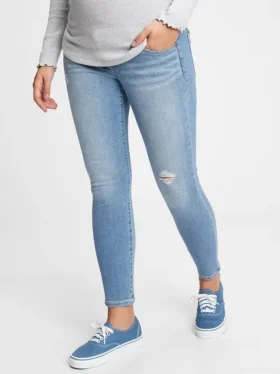 Mammakläder med äkta midjeband, helpanel och slitna detaljer, smala ankellånga Jeans
