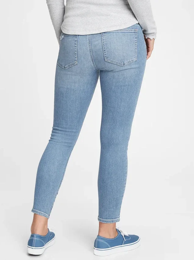 Mammakläder med äkta midjeband, helpanel och slitna detaljer, smala ankellånga Jeans