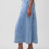 Maxikjol i denim med sömmar och knappar fram