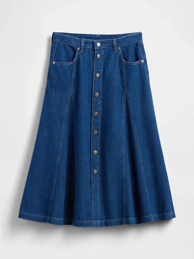 Maxikjol i denim med sömmar och knappar fram