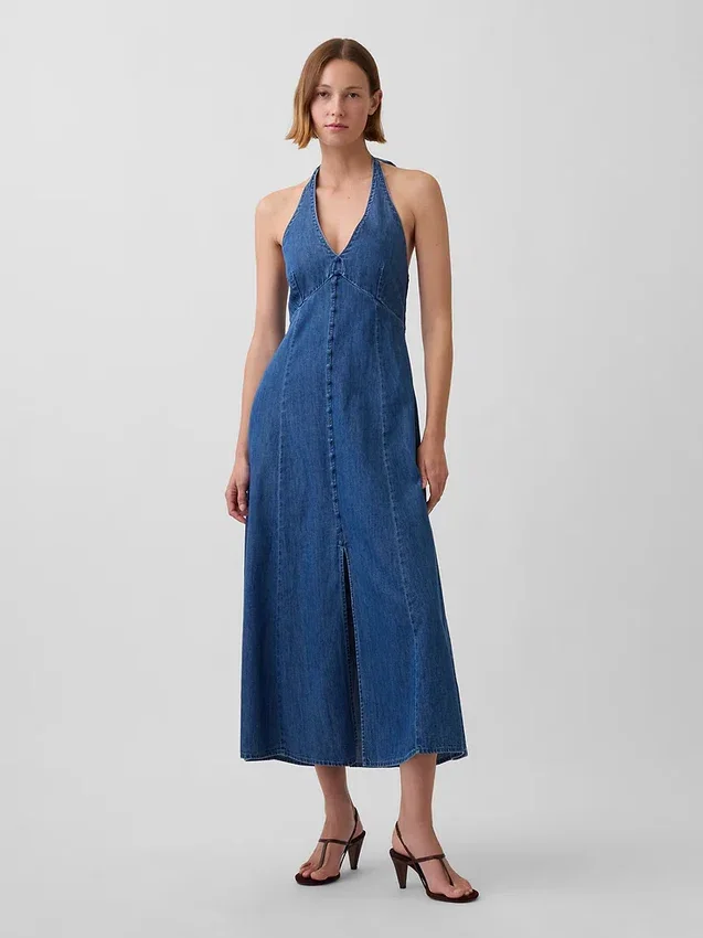Maxiklänning i denim med sömmar och halterneck