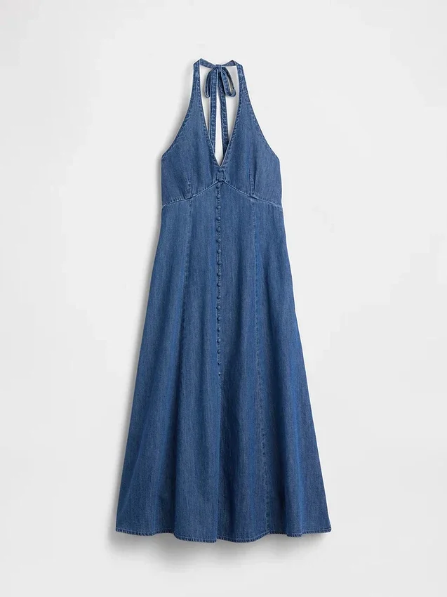 Maxiklänning i denim med sömmar och halterneck