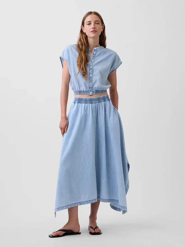 Midi-kjol i denim med handdukskant