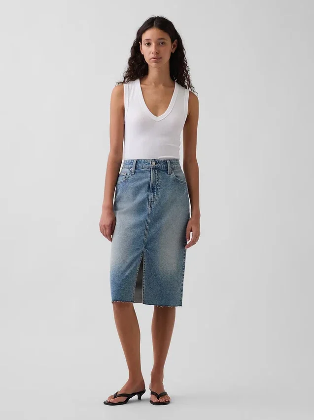 Midi-kjol i denim med hög midja