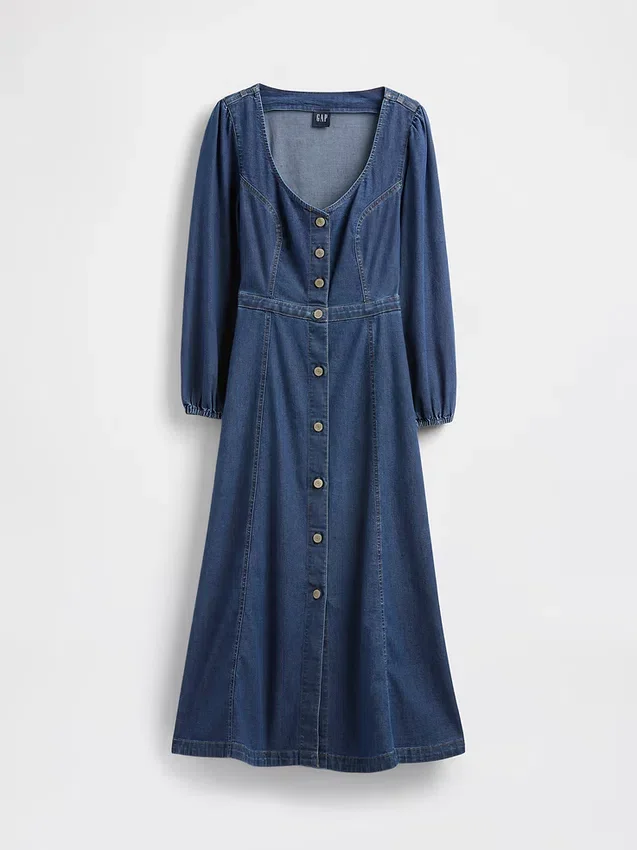 Midi-klänning i denim med hjärtformad halsringning
