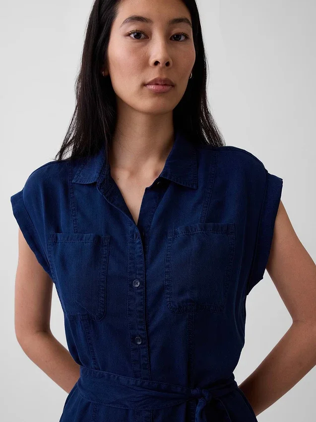 Midi-klänning i denim med knytning i midjan
