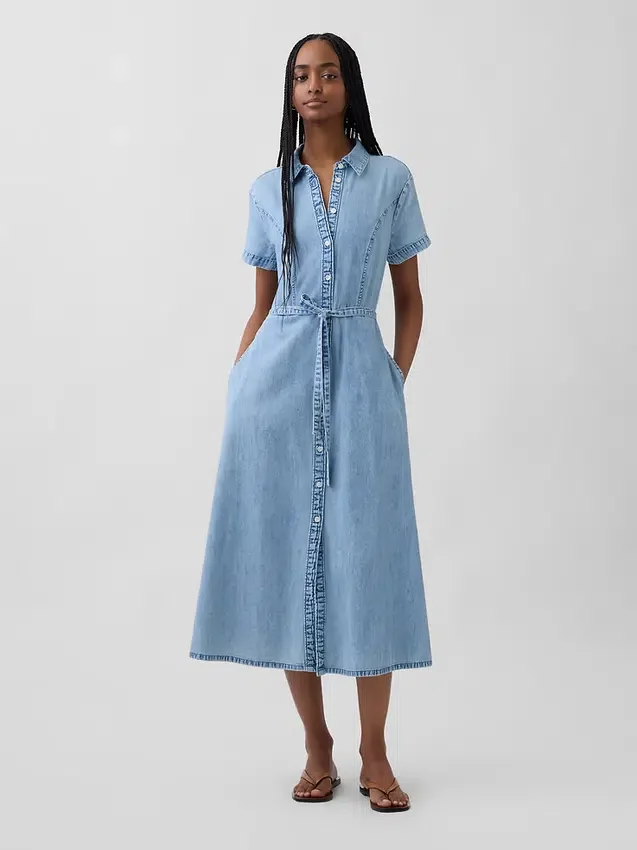 Midi-skjortklänning i denim med knytband i midjan