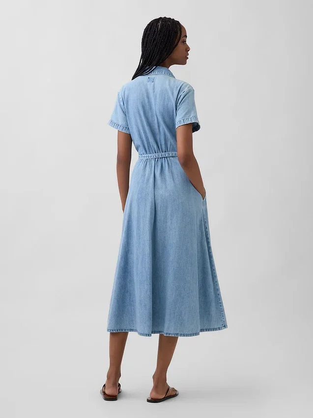 Midi-skjortklänning i denim med knytband i midjan