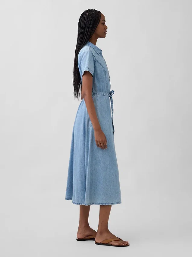 Midi-skjortklänning i denim med knytband i midjan