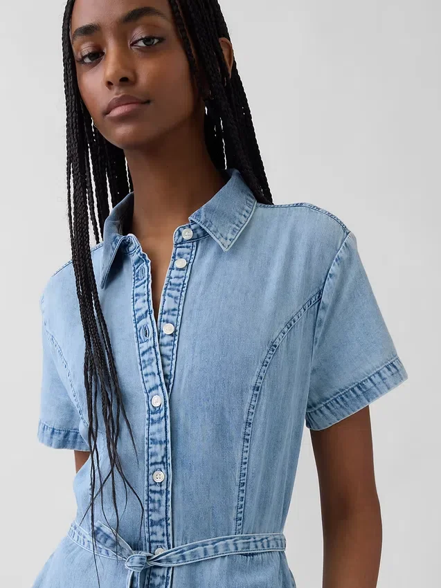 Midi-skjortklänning i denim med knytband i midjan