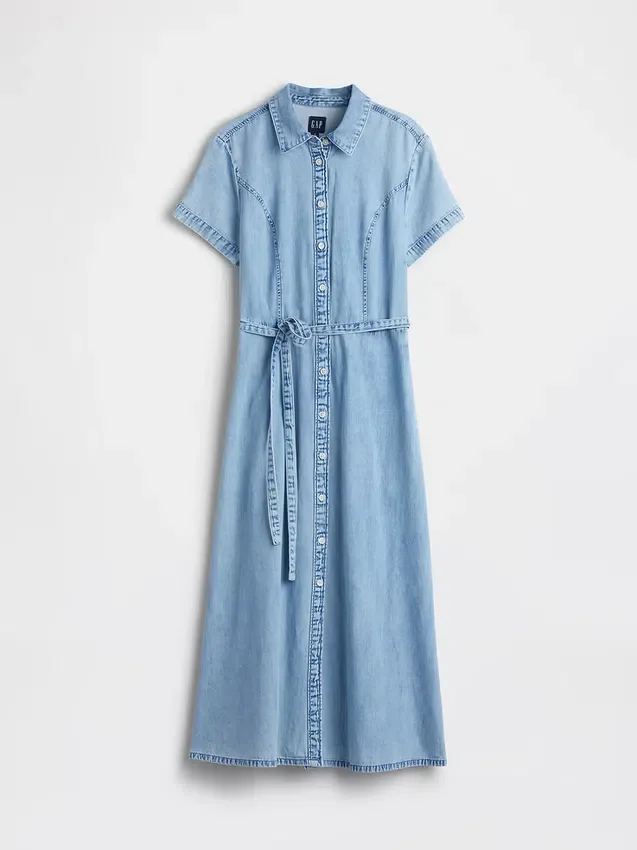 Midi-skjortklänning i denim med knytband i midjan