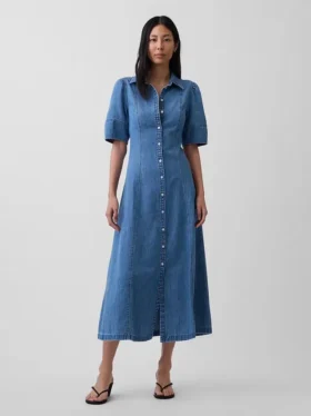 Midi-skjortklänning i denim med vid ärmar