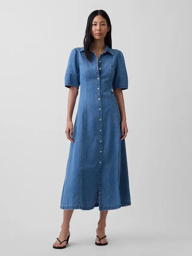 Midi-skjortklänning i denim med vid ärmar