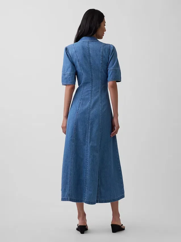 Midi-skjortklänning i denim med vid ärmar
