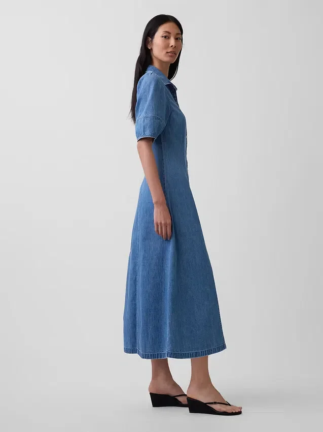 Midi-skjortklänning i denim med vid ärmar