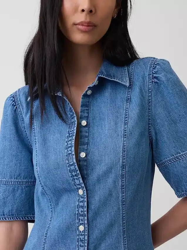 Midi-skjortklänning i denim med vid ärmar