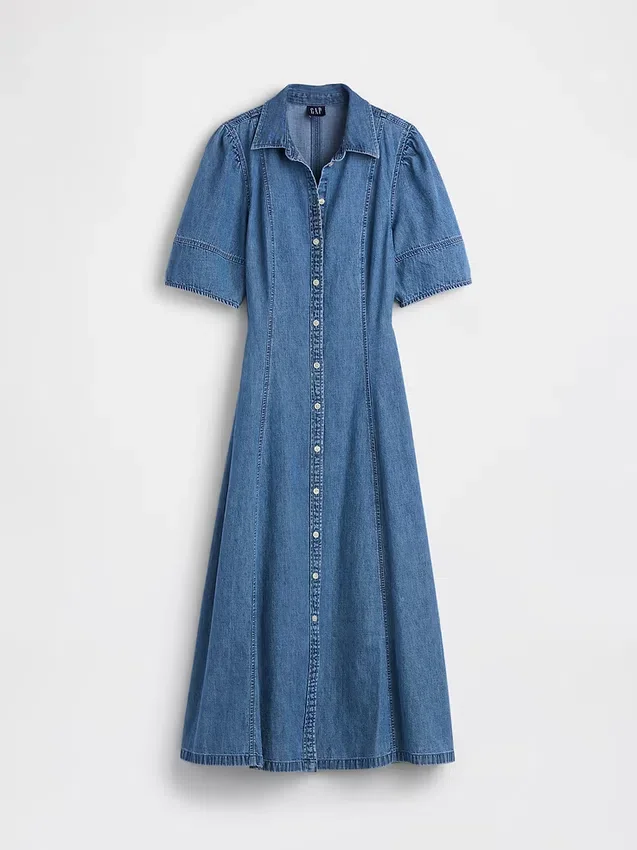 Midi-skjortklänning i denim med vid ärmar
