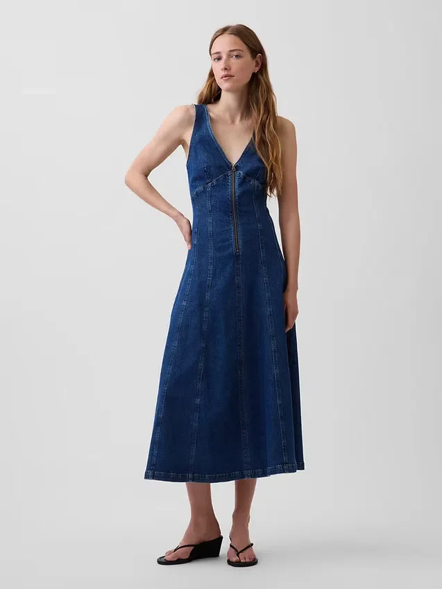 Midiklänning i denim med sömmar och dragkedja fram