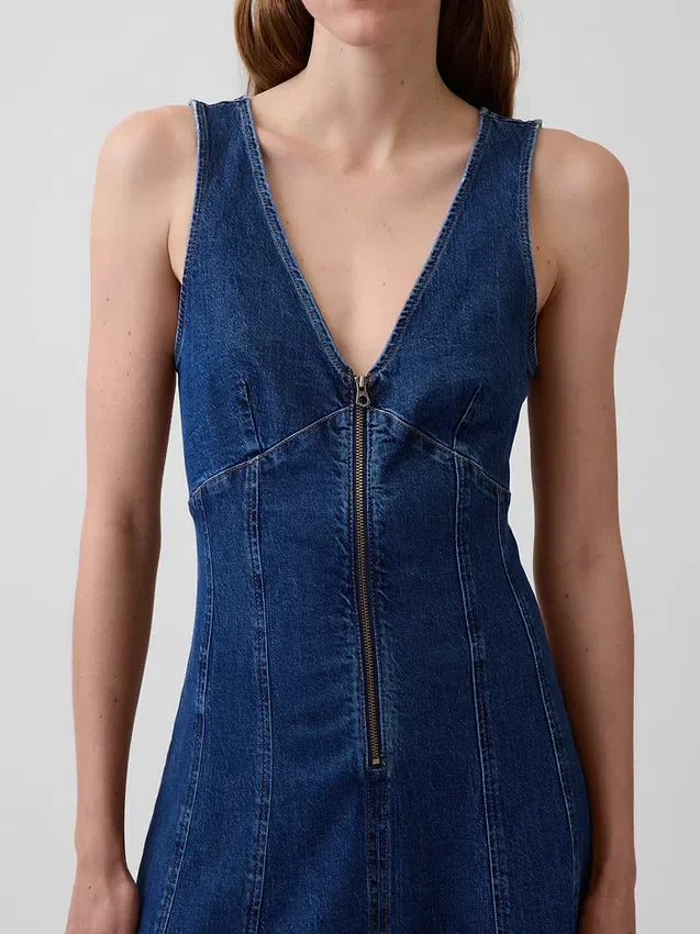 Midiklänning i denim med sömmar och dragkedja fram