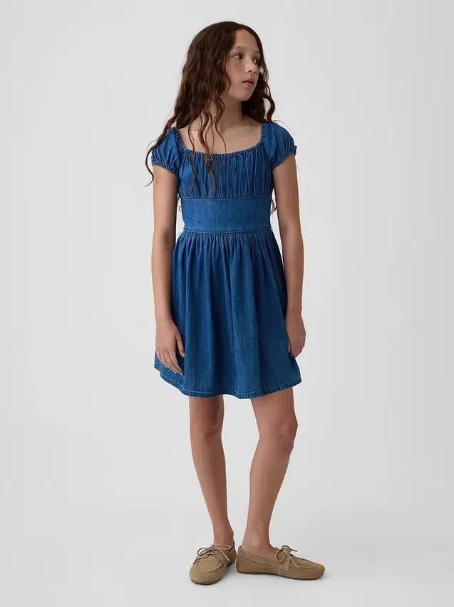 Miniklänning i denim med puffärmar för barn