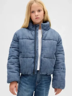 Mjuk, quiltad pufferjacka i denim med mykt foder för barn